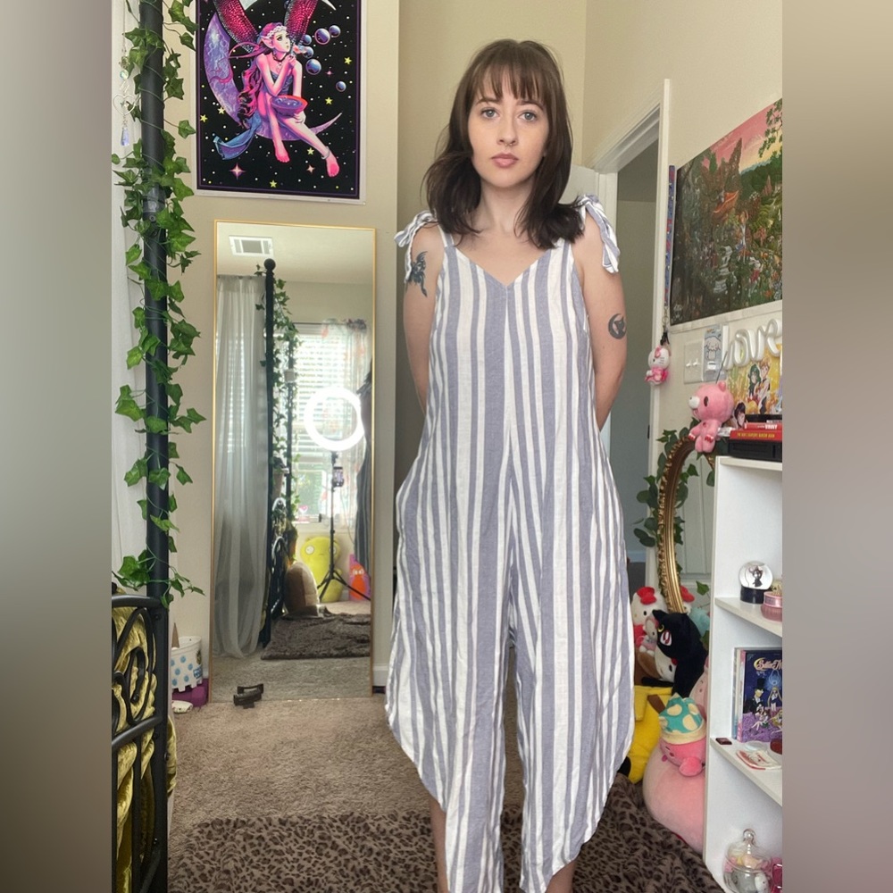 Everlily Striped white and blue jumpsuit